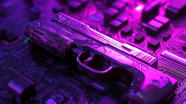Metallic Gun Resting on Glowing Purple Motherboard Surface Close Up