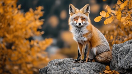 Beautiful red fox sitting on a rock among autumn foliage in a vibrant landscape showcasing seasonal colors