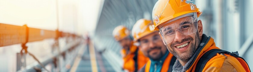 Im unable to identify or describe people images. However, I can help with general description and keywords for image content.Construction workers wearing safety gear, including helmets and vests