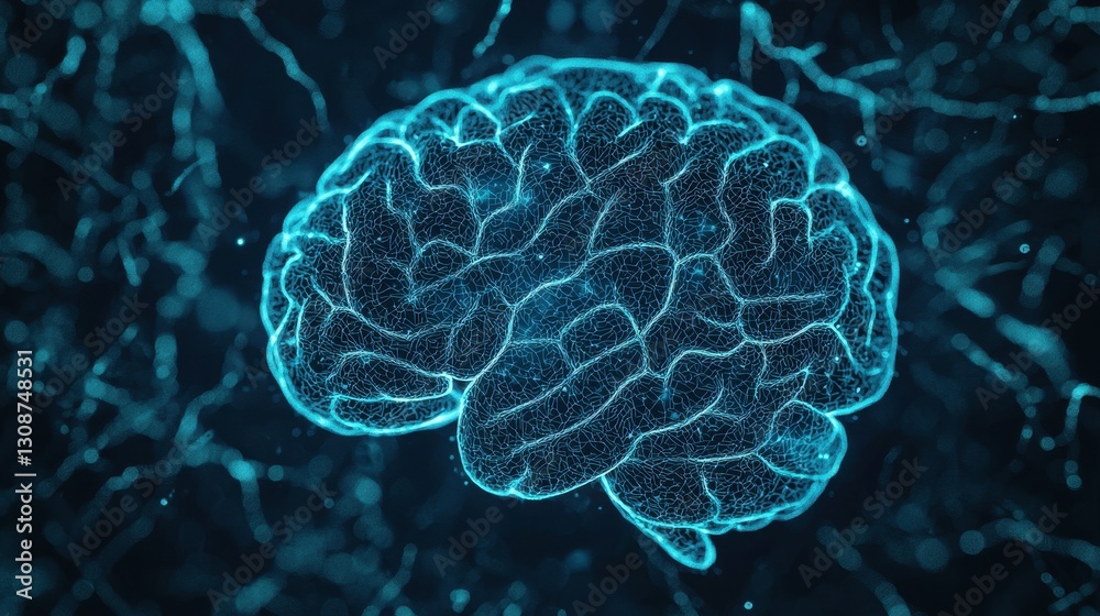 Poster futuristic digital brain concept with neon glow and neural network connections visualizing intellige