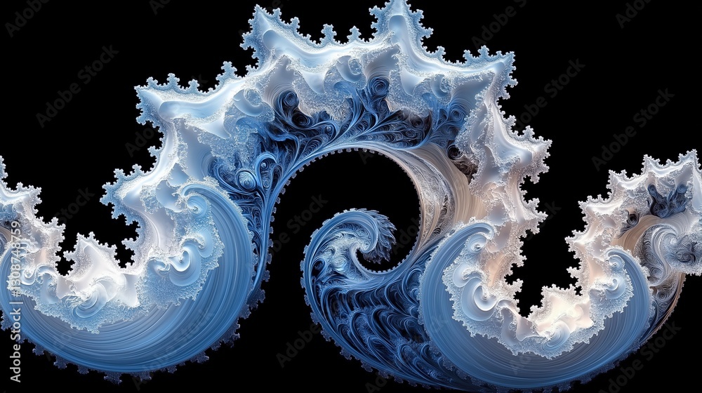 Poster the image is a beautiful representation of a wave, with a blue and white color scheme. the wave is d