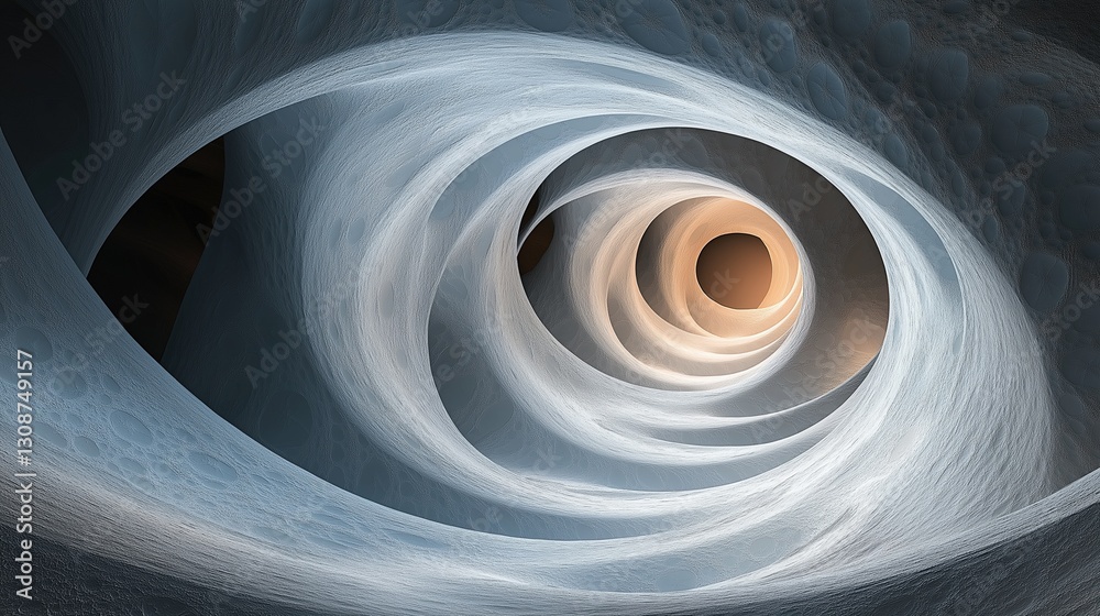 Poster spiral of white and blue with a hole in the middle. the spiral is very large and the hole is small. 