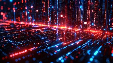 Digital representation of interconnected circuits with glowing blue and red lights