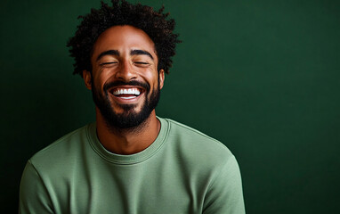A joyful man laughs with eyes closed against a dark green backdrop, ideal for wellness campaigns, lifestyle articles, and events like St. Patrick's Day.
