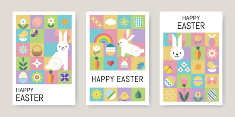Happy Easter geometric background , Easter card, banner design with bunny, eggs, plants, flowers, chicks, basket.