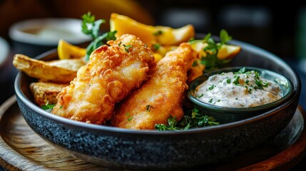 Fototapeta premium Indulge in the crispy perfection of golden fried fish and chips, a classic comfort food elevated with a creamy tartar sauce and fresh parsley garnish, presented in a rustic bowl on a wooden serving