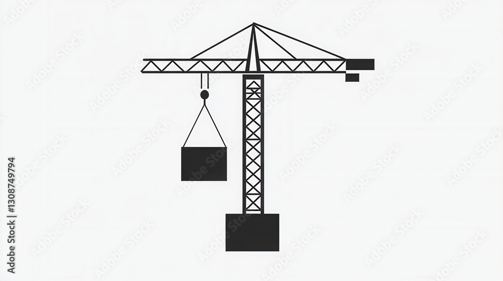 Poster minimalist construction logo featuring silhouette of a tower crane lifting a block in modern line ar