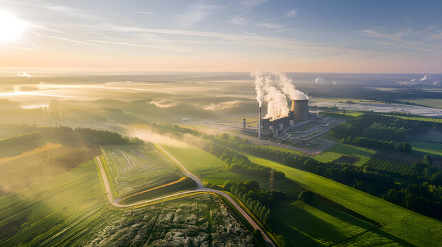 Aerial view of a power plant emitting smoke at sunrise, surrounded by fields and morning fog.