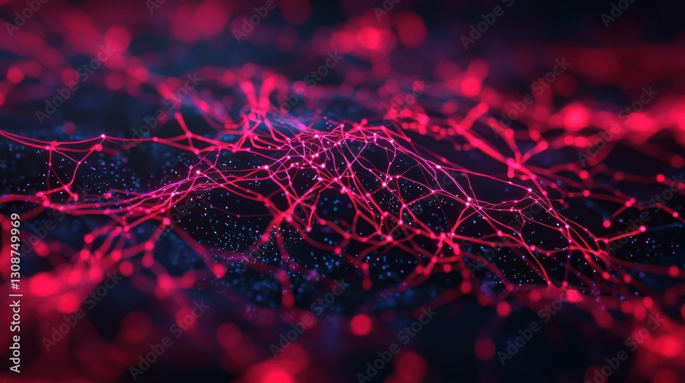 Poster abstract digital landscape with bright red lines and dots creating a complex network structure