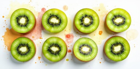 Fototapeta premium Halved kiwi fruit arranged creatively with watercolor splashes , diet, food photography
