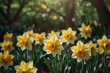 Fototapeta premium Serene Daffodils with Dewdrops in Soft Morning Light V7