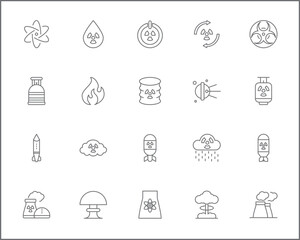 Nuclear And biohazard Technology Icon Set. Vector collection of energy, power, danger, atom, bomb, plant, barrel, molecule, radiation and elements symbols or logo element.