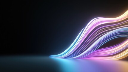 Abstract colorful light waves flow dynamically on dark background, creating a sense of motion and energy.