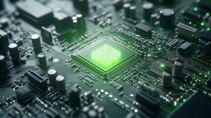 Examining Green Computer Chip on Circuit Board Close Up View