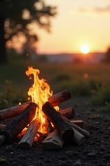 Warmth of a crackling campfire at sunset, a mesmerizing display of dancing flames against the backdrop of a vibrant sky