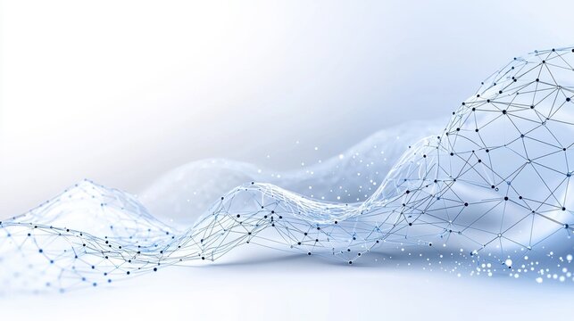Abstract digital waves with connecting dots on a white background, representing data and network connections.