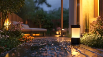 Evening garden patio with rain, warm lighting, and flowers.