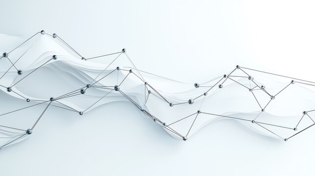Abstract geometric network of interconnected nodes and lines on a white background, representing digital data flow.