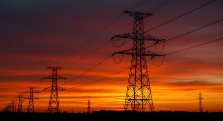 Fototapeta premium Electricity Pylons at Sunset: Dramatic Landscape Photography AI Generated