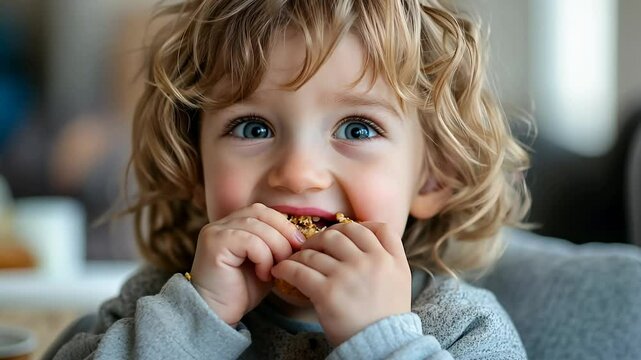 With a beaming smile, a young child indulges in a nutritious reduced-sugar snack. The inviting ambiance of a quaint cafe adds warmth to the joyful moment as natural light floods in.