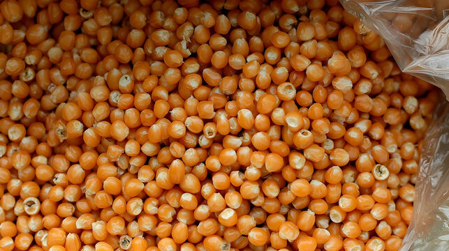 Close-up of unpopped popcorn kernels in a bag; potential use for food packaging or culinary blogs