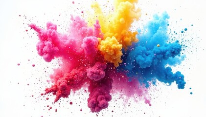 Vibrant powder cloud bursts, colorful explosion against pure white backdrop, background, color