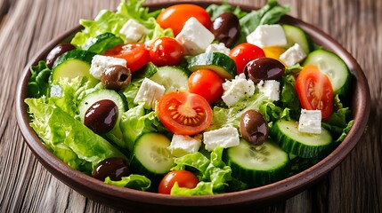 Fresh Salad with Lettuce Cucumber Tomato and Feta Cheese in Bowl
