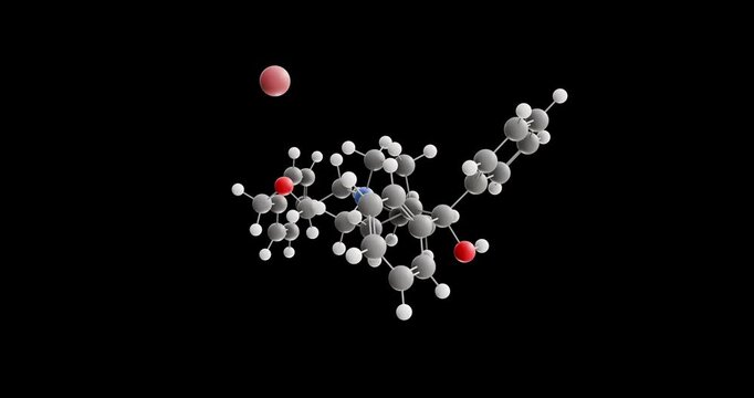Umeclidinium bromide molecule, rotating 3D model of muscarinic antagonist, looped video on a black background
