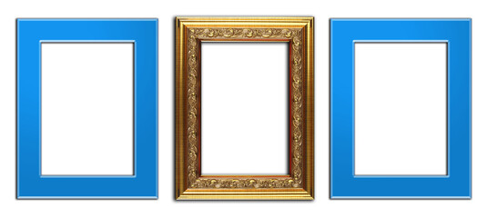 Foto frame  with square shape, yellow - gold ornate, and blue border,  set of wooden likes  picture frames on transparent background