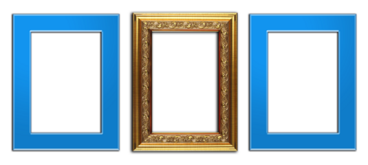 Foto frame  with square shape, yellow - gold ornate, and blue border,  set of wooden likes  picture frames on transparent background