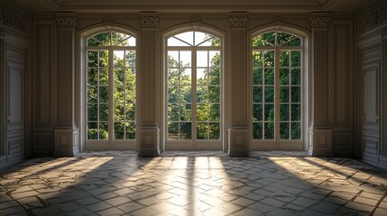 Elegant Room with Large Windows and Nature Views Inside