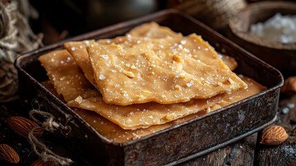 Indulge in the Irresistible Delight of Homemade Almond Brittle A Captivating Close-Up of Crunchy Perfection Elevate Your Senses with Every Bite, a Symphony of Sweetness and Nutty Goodness Discover