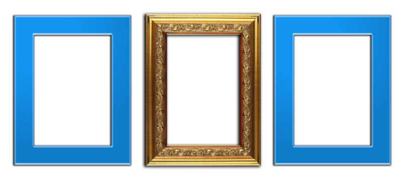 Foto frame  with square shape, yellow - gold ornate, and blue border,  set of wooden likes  picture frames on transparent background