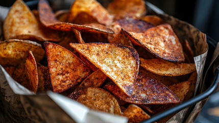 Seasoned potato wedges in a paper-lined basket, close-up shot ideal for food blogs or menus