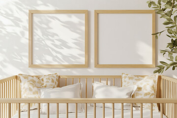Baby room interior with wooden crib and square frames for art display