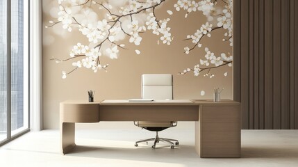 Modern office with blossom mural, desk, chair (1)