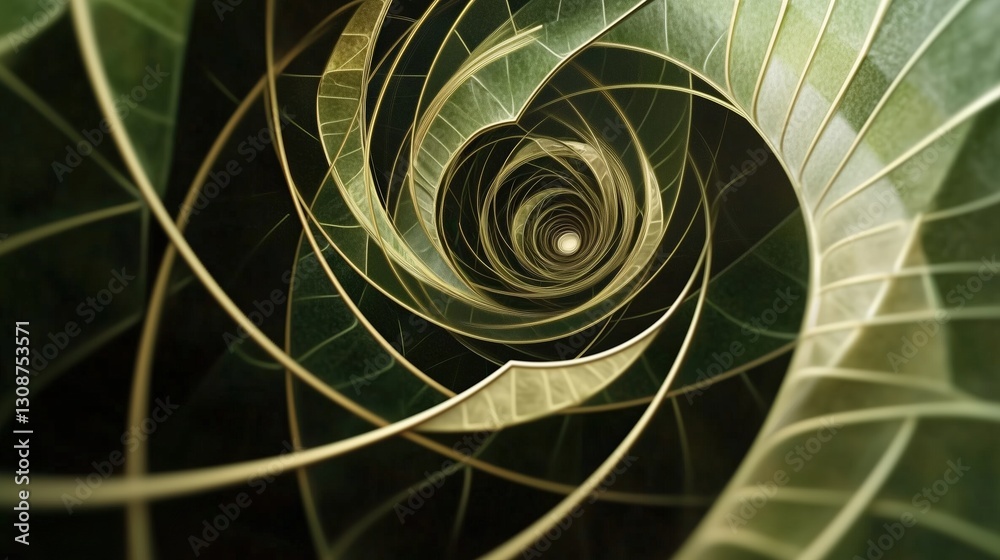 Aufkleber spiral of leaves with a hole in the middle. the spiral is green and gold. the leaves are arranged in