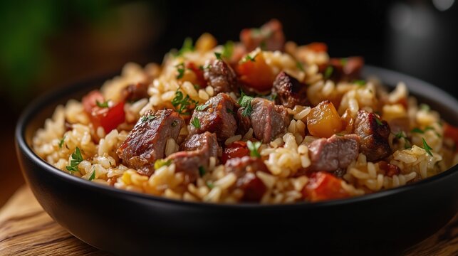 Arroz carreteiro de carne served in a black bowl with colorful vegetables and tender beef pieces at a rustic wooden table