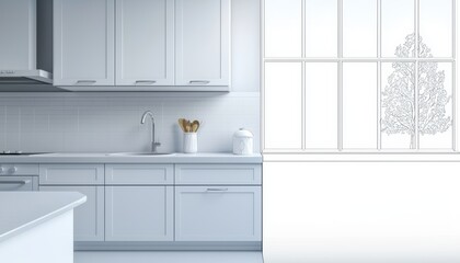 Half-drawn, half-realistic kitchen interior, illustrating the transformation from design concept to completed home renovation with detailed architectural elements