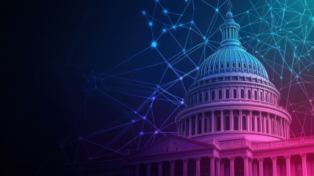 High-tech economic illustration of the US Capitol with virtual financial growth indicators, digital transformation of government financial policies