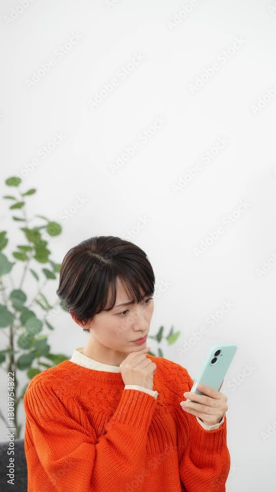Aufkleber リビングルームで悩みながらスマホを見るミドル女性