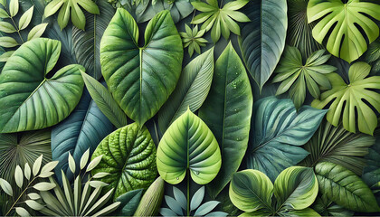 Realistic Tropical Green Leaf Pattern Background with Lush Foliage