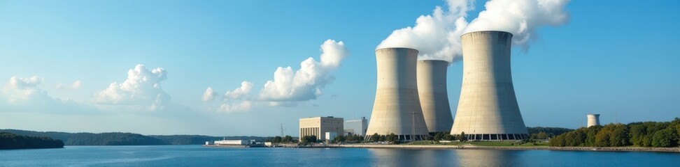 Imposing Dampierre nuclear plant cooling towers against a blue sky , french industry, nuclear energy