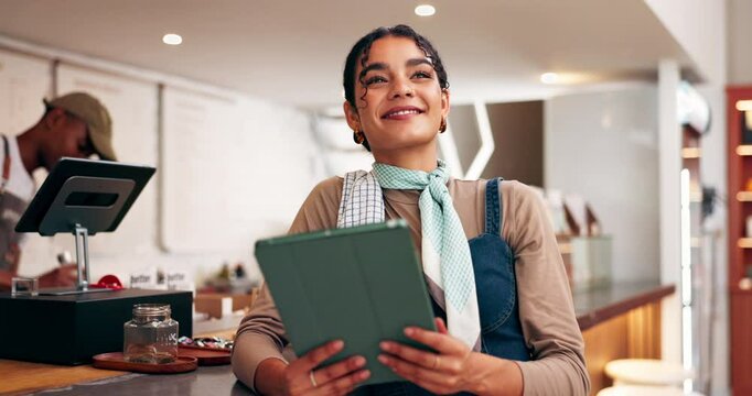 Business owner, woman or thinking with tablet in restaurant for menu update, sale promo ideas or startup pride. Hospitality vision, manager and digital app for stock checklist and diner management