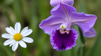Fototapeta premium Close up of a purple Orchis and white-yellow ox-eye daisy flower