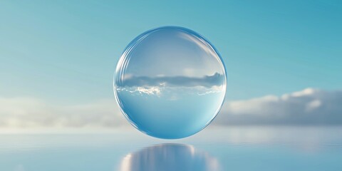 Crystal-clear water sphere levitating in the atmosphere with soft reflections of clouds and light