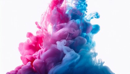 Fototapeta premium Smoke and ink diffusion in water, with vibrant pinks and blues blending in an abstract, fluid motion. The colors swirl together, creating a mesmerizing and dynamic visual effect. 