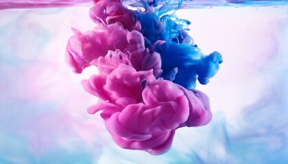 Fototapeta premium Smoke and ink diffusion in water, with vibrant pinks and blues blending in an abstract, fluid motion. The colors swirl together, creating a mesmerizing and dynamic visual effect. 
