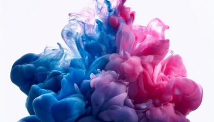 Fototapeta premium Smoke and ink diffusion in water, with vibrant pinks and blues blending in an abstract, fluid motion. The colors swirl together, creating a mesmerizing and dynamic visual effect. 