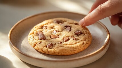 Indulge in the Sweet Temptation of a Freshly Baked Chocolate Chip Cookie A Delightful Close-Up View Showcasing the Irresistible Texture and Rich Flavors of a Homemade Treat, Placed on a Rustic Plate